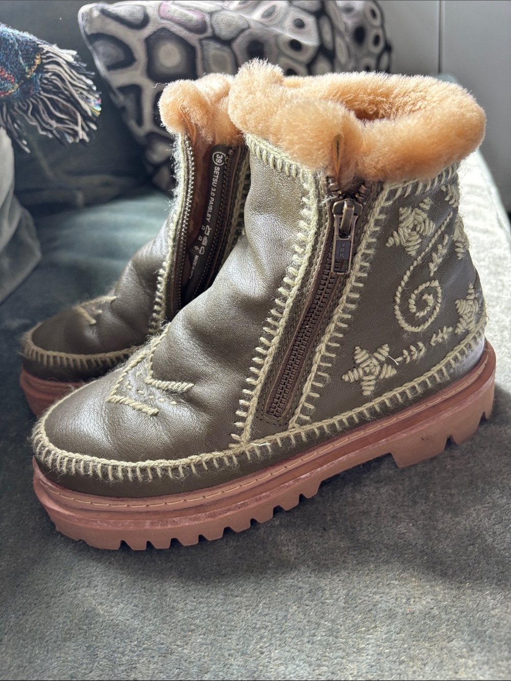 Olive Green Shearling-Trim Ankle Booties with Embroidered Detail